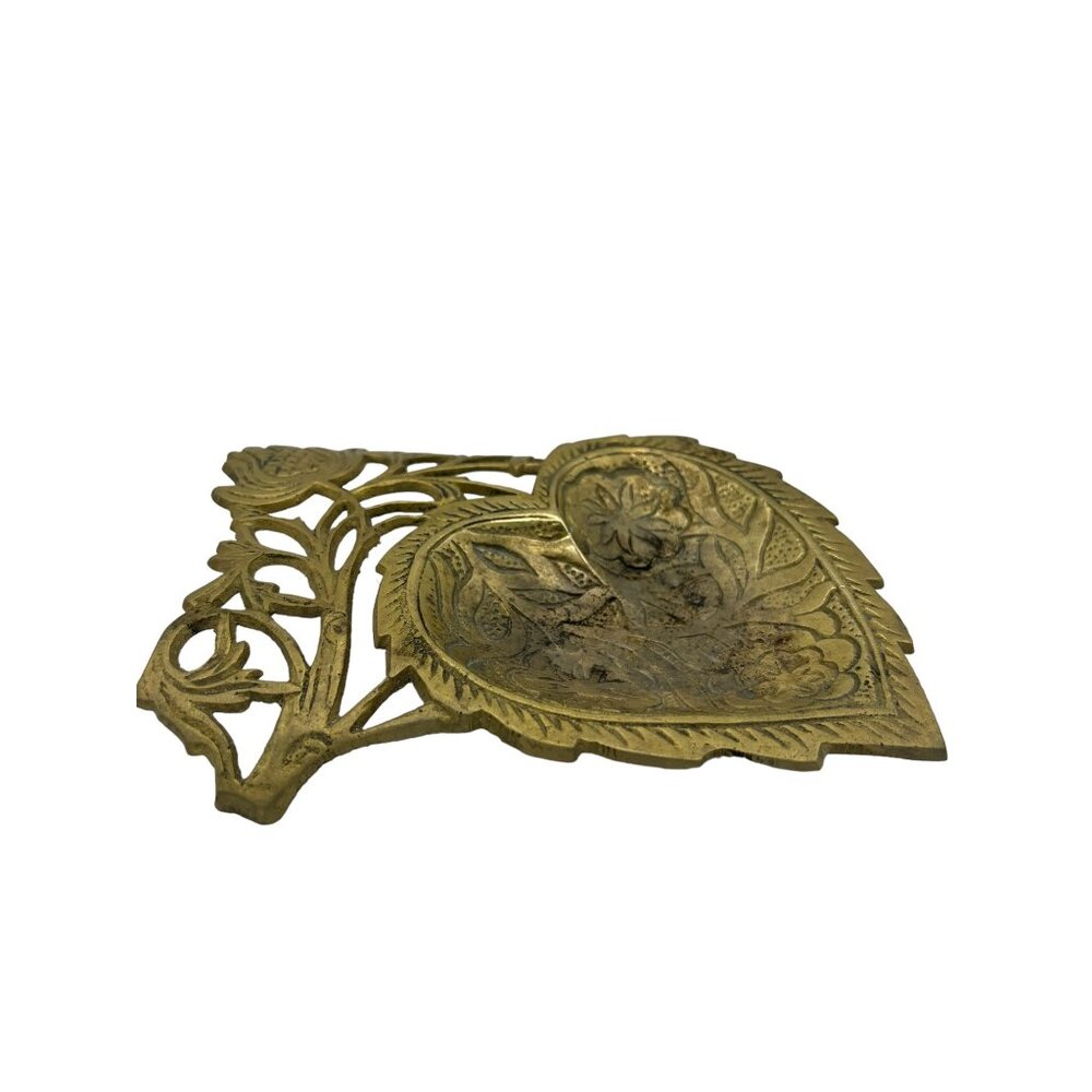 Vintage Etched Brass Heart and Floral Trinket dish Ashtray